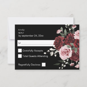 Burgundy & Blush Pink Floral 6 no Meal RSVP Black