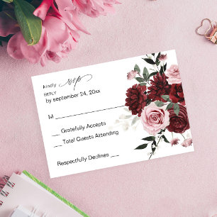 Burgundy & Blush Pink Floral 6 no Meal RSVP Card