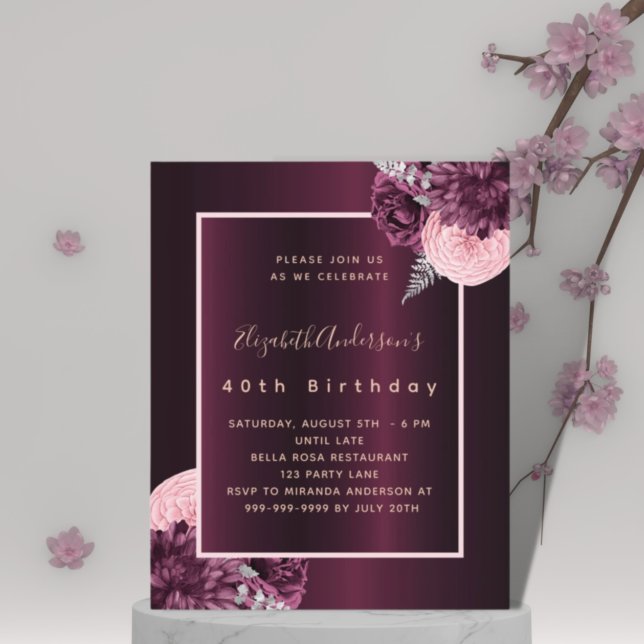 Burgundy blush pink floral birthday invitation (Creator Uploaded)