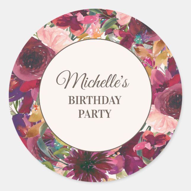 Burgundy Blush Pink Floral Birthday Party Classic Round Sticker (Front)