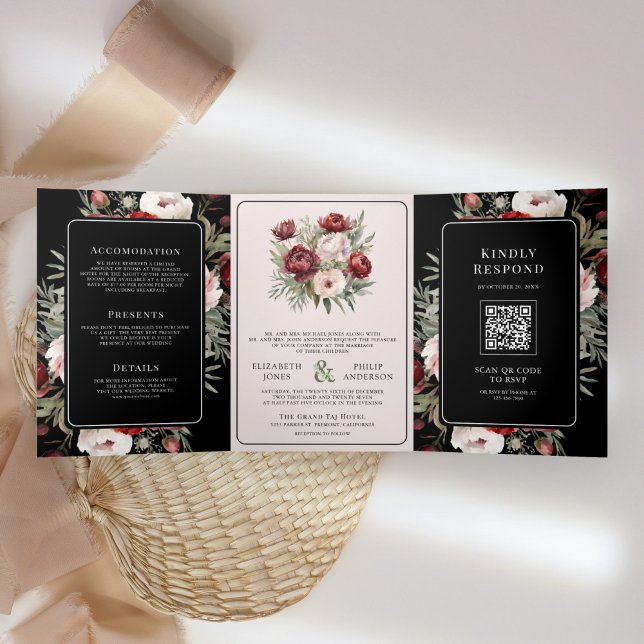 Burgundy Blush Pink Floral Black Moody Wedding Tri-Fold Invitation (Creator Uploaded)