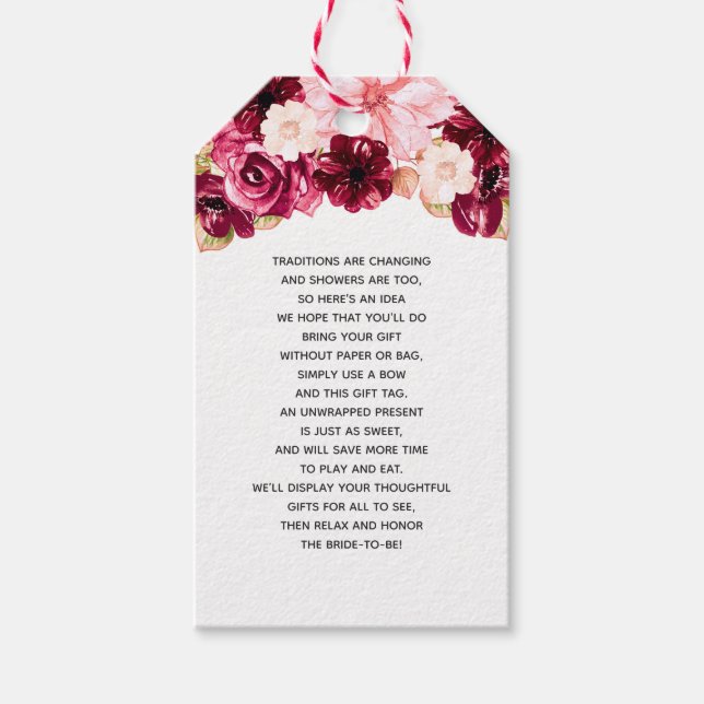 Burgundy & Blush Pink Floral Bridal Display Shower Gift Tags (Front)