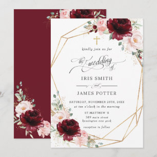 Burgundy Blush Pink Floral Church Wedding   Invitation