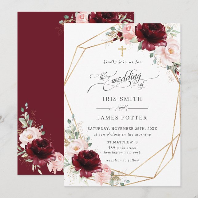 Burgundy Blush Pink Floral Church Wedding   Invitation (Front/Back)