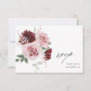 Burgundy & Blush Pink Floral Ele 6 w Meal RSVP 2 Card