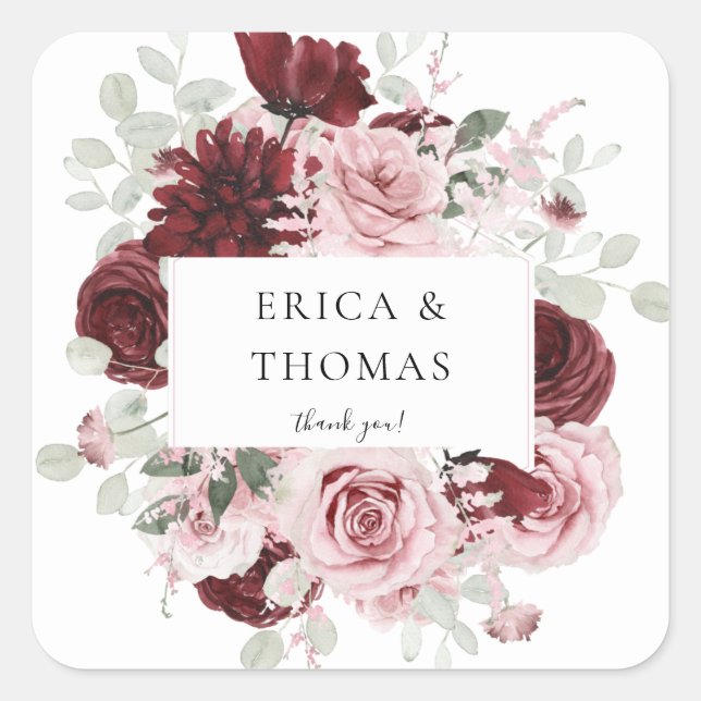Burgundy & Blush Pink Floral Ele Thank You Square Sticker (Front)