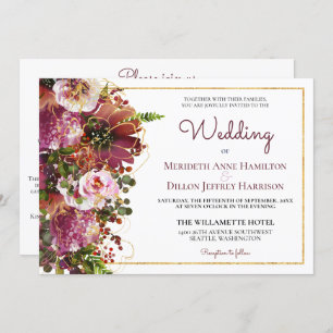 Burgundy Blush Pink Floral Gold All In One Wedding Invitation