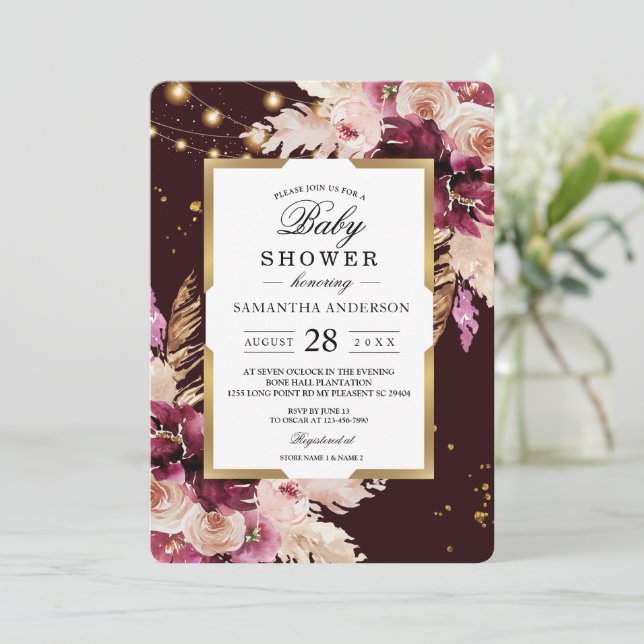 Burgundy Blush Pink Floral & Gold Frame & Lights Invitation (Standing Front)