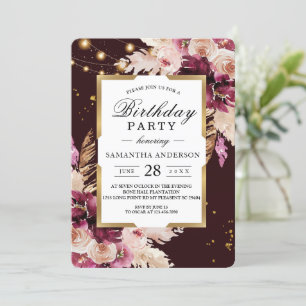 Burgundy Blush Pink Floral & Gold Frame & Lights Invitation
