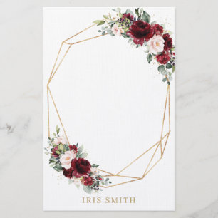 Burgundy Blush Pink Floral Gold Geometric Note Stationery