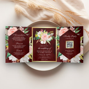 Burgundy Blush Pink Floral Gold QR Code Wedding Tri-Fold Invitation