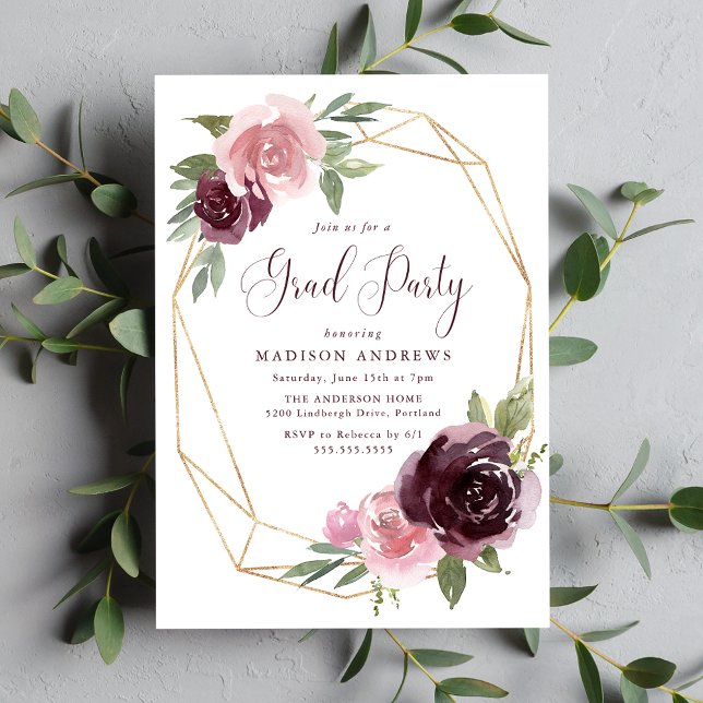 Burgundy & Blush Pink Floral | Graduation Party Invitation (Creator Uploaded)