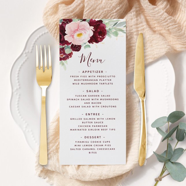 Burgundy Blush Pink Floral Greenery Wedding Menu (Creator Uploaded)