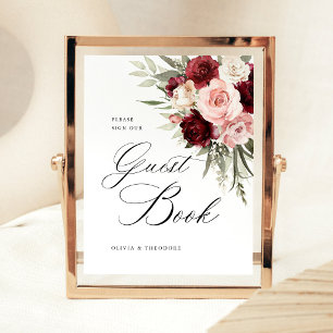 Burgundy Blush Pink Floral Guest Book Wedding Pedestal Sign