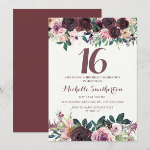 Burgundy Blush Pink Floral Leaves 16th Birthday Invitation