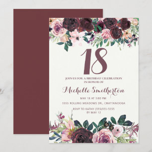 Burgundy Blush Pink Floral Leaves 18th Birthday Invitation