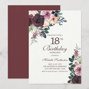 Burgundy Blush Pink Floral Leaves 18th Birthday Invitation