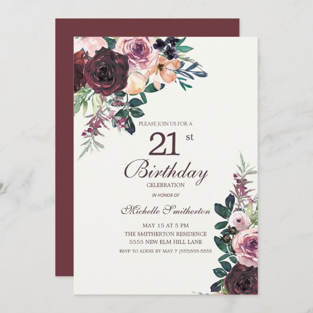 Burgundy Blush Pink Floral Leaves 21st Birthday Invitation (Front/Back)