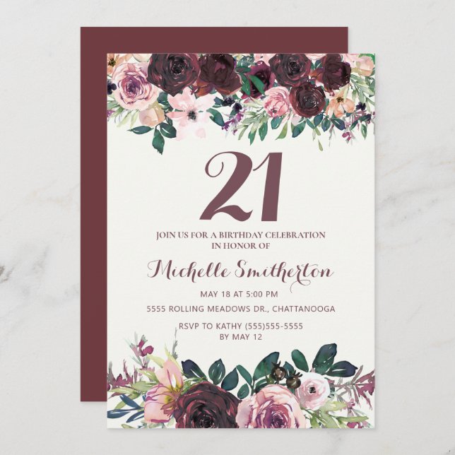 Burgundy Blush Pink Floral Leaves 21st Birthday Invitation (Front/Back)