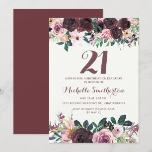 Burgundy Blush Pink Floral Leaves 21st Birthday Invitation