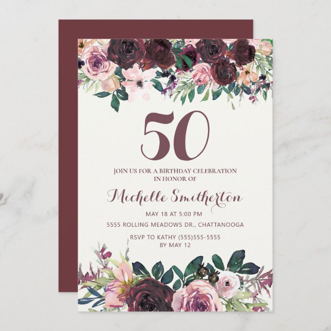 Burgundy Blush Pink Floral Leaves 50th Birthday Invitation (Front/Back)