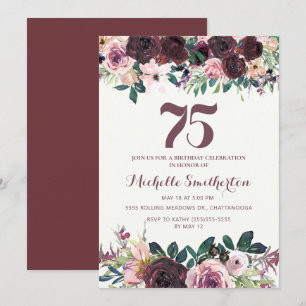 Burgundy Blush Pink Floral Leaves 75th Birthday Invitation