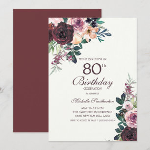 Burgundy Blush Pink Floral Leaves 80th Birthday Invitation