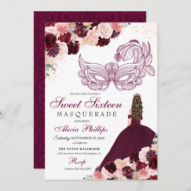 Burgundy Blush Pink Floral Masquerade Sweet 16 Inv Invitation (Front/Back)