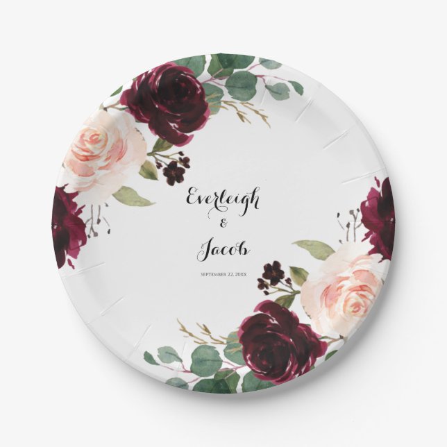 Burgundy Blush Pink Floral Paper Plate (Front)