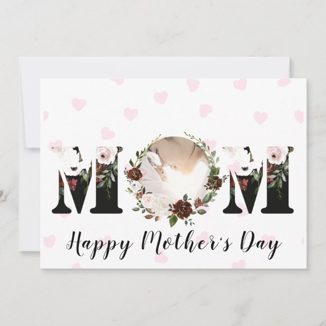 Burgundy Blush Pink Floral Photo Mother's Day Card (Front)