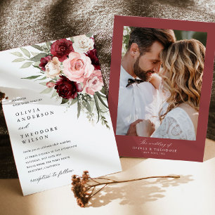 Burgundy Blush Pink Floral Photo Wedding Invitation