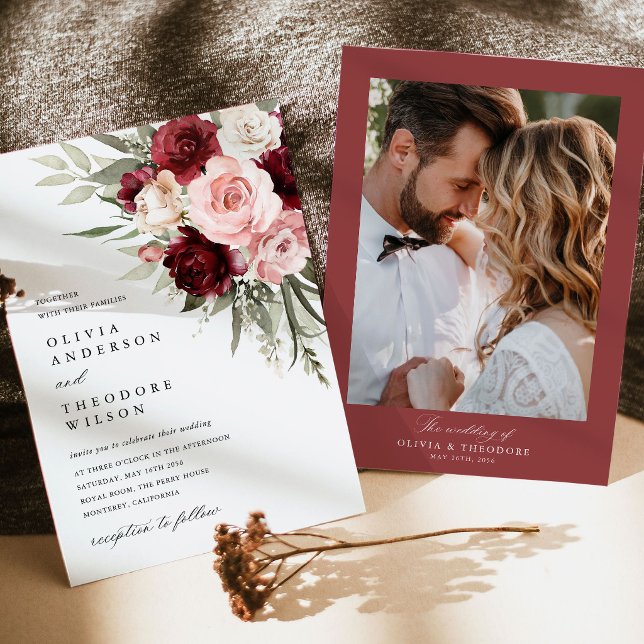 Burgundy Blush Pink Floral Photo Wedding Invitation (burgundy blush pink floral wedding photo invitation, rose invite card, romantic wedding stationery)
