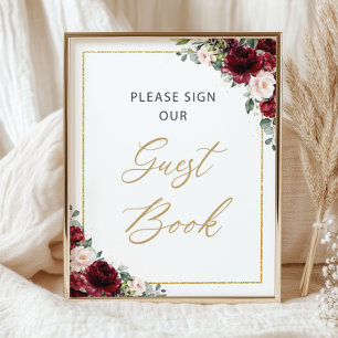Burgundy Blush Pink Floral Please Sign Guest Book