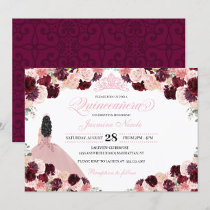 Burgundy Blush Pink Floral Quinceanera Birthday In Invitation