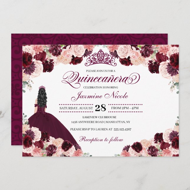 Burgundy Blush Pink Floral Quinceanera Birthday Invitation (Front/Back)
