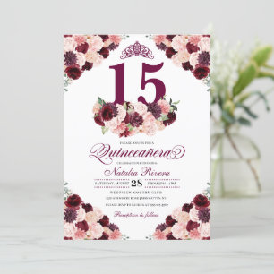 Burgundy Blush Pink Floral Quinceanera Birthday Invitation