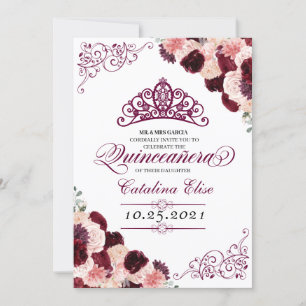 Burgundy Blush Pink Floral Quinceanera Birthday Invitation