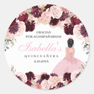 Burgundy Blush Pink Floral Quinceanera Classic Round Sticker