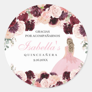 Burgundy Blush Pink Floral Quinceanera Classic Round Sticker