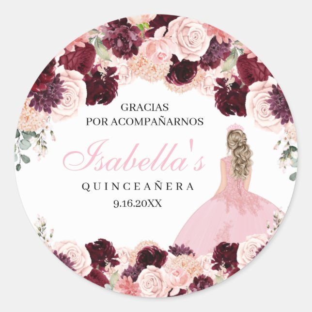 Burgundy Blush Pink Floral Quinceanera Classic Round Sticker (Front)