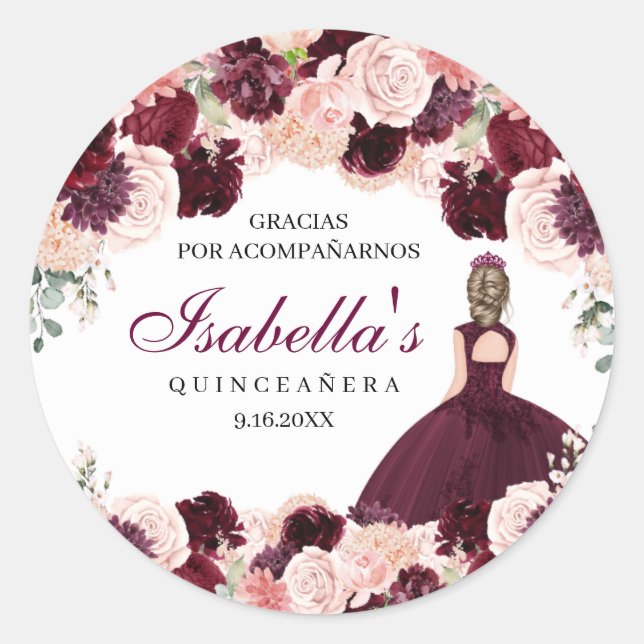 Burgundy Blush Pink Floral Quinceanera Classic Round Sticker (Front)