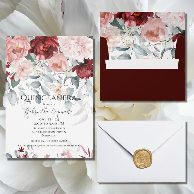 Burgundy Blush Pink Floral Quinceañera Invitation (Creator Uploaded)