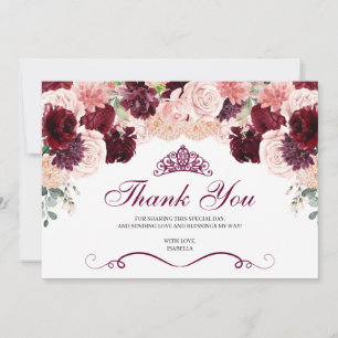 Burgundy Blush Pink Floral Quinceanera Thank You  Card