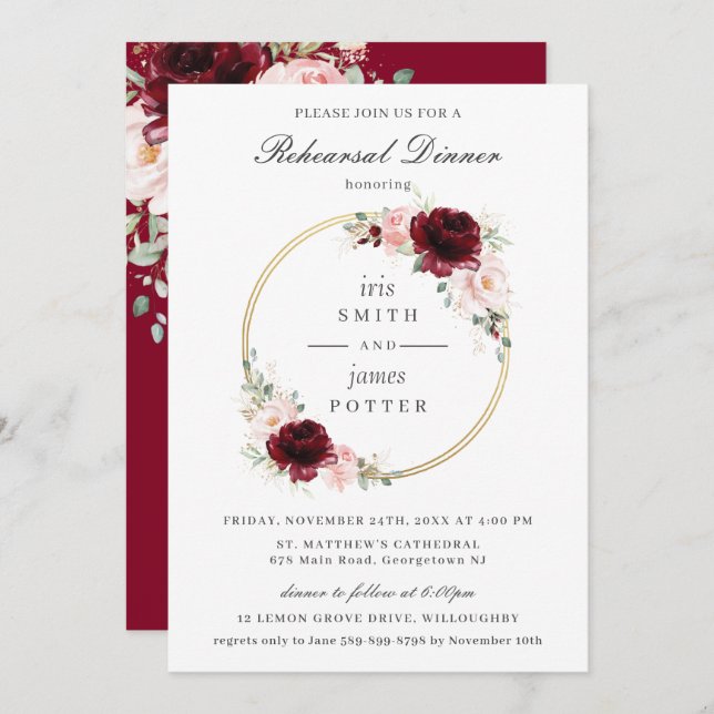 Burgundy Blush Pink Floral Rehearsal Dinner  Invitation (Front/Back)