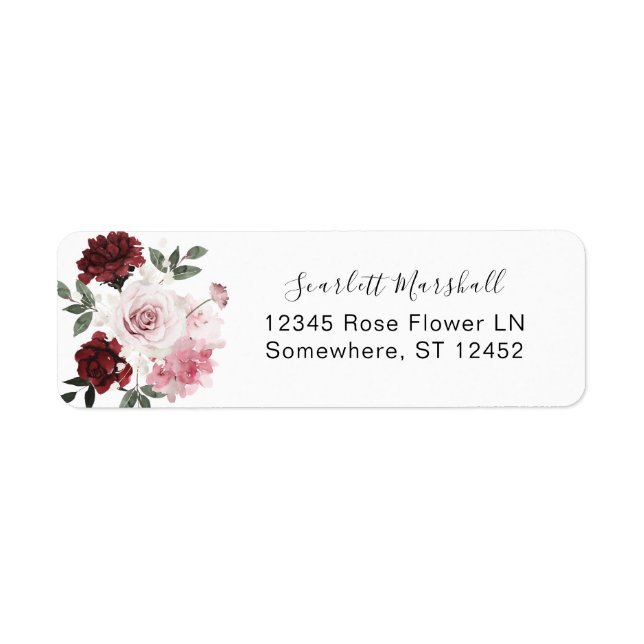 Burgundy & Blush Pink Floral Return Address Label (Front)