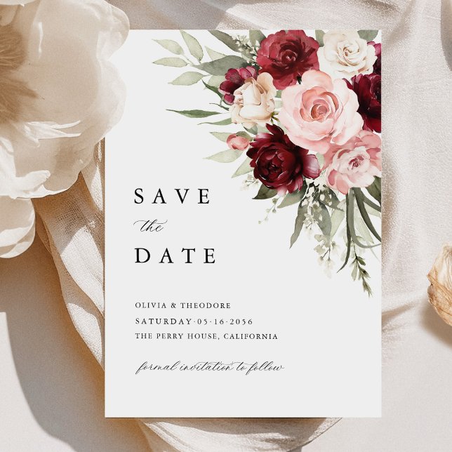 Burgundy Blush Pink Floral Rose Wedding Save The Date (Burgundy blush pink floral save the date card, elegant wedding stationery rose invitation)