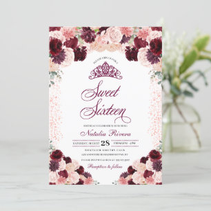 Burgundy Blush Pink Floral Sweet Sixteen Birthday Invitation