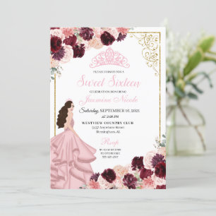 Burgundy Blush Pink Floral Sweet Sixteen Birthday  Invitation