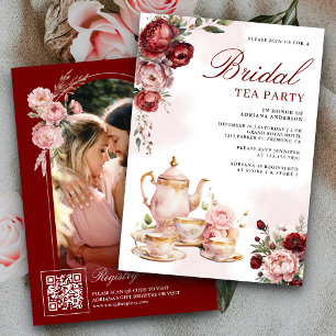 Burgundy Blush Pink Floral Tea Party Bridal Shower Invitation