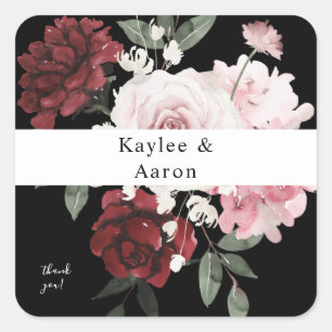 Burgundy & Blush Pink Floral Thank You - Black Square Sticker